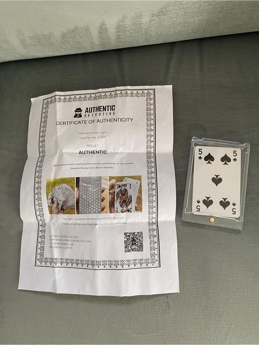 Louis Vuitton Genuine Playing Card 5 Spades with COA, Magnetic Protective Case